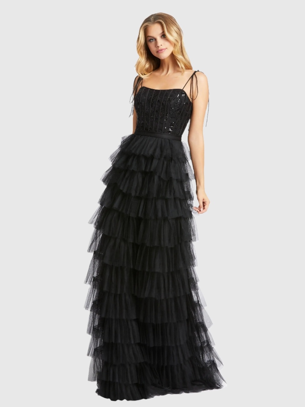 Mac Duggal Black Sequined Bustier Tiered Ruffle Gown